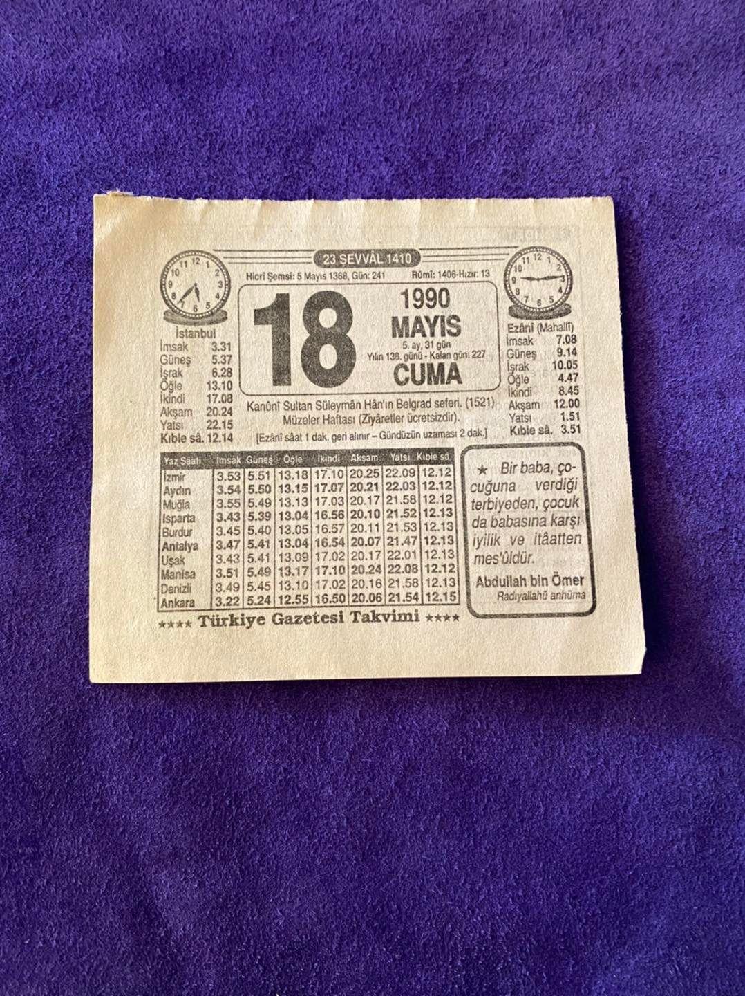 18 Mayıs 1990 Takvim Yaprağı - Nostalji Koleksiyonluk Takvim Yaprağı 18 Mayıs 1990 Takvim Yaprağı - Nostalji Koleksiyonluk Takvim Yaprağı