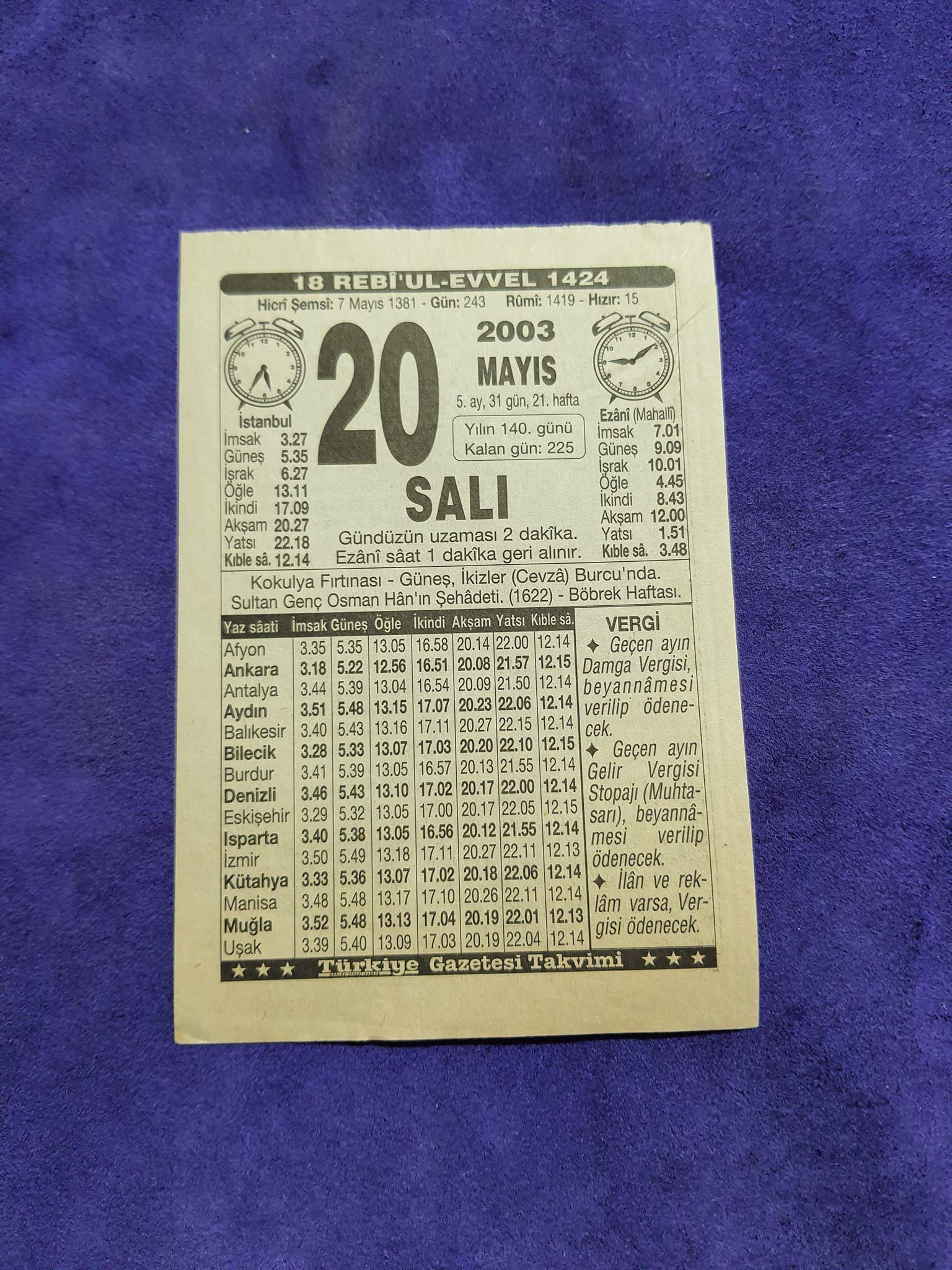 20 Mayıs 2003 Takvim Yaprağı - Nostaljik Koleksiyonluk Takvim Yaprağı 20 Mayıs 2003 Takvim Yaprağı - Nostaljik Koleksiyonluk Takvim Yaprağı