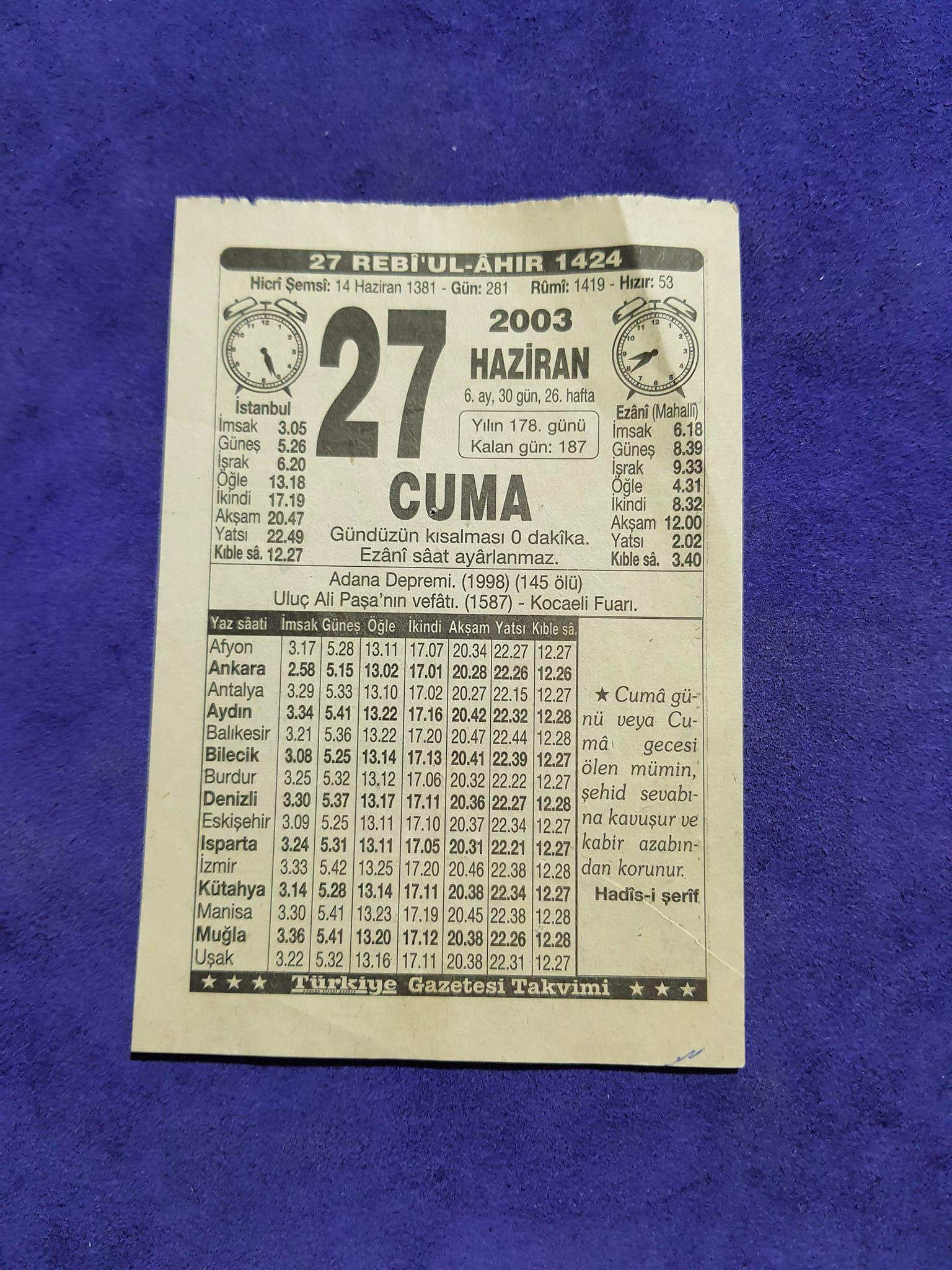 27 Haziran 2003 Takvim Yaprağı - Nostaljik Koleksiyonluk Takvim Yaprağı 27 Haziran 2003 Takvim Yaprağı - Nostaljik Koleksiyonluk Takvim Yaprağı