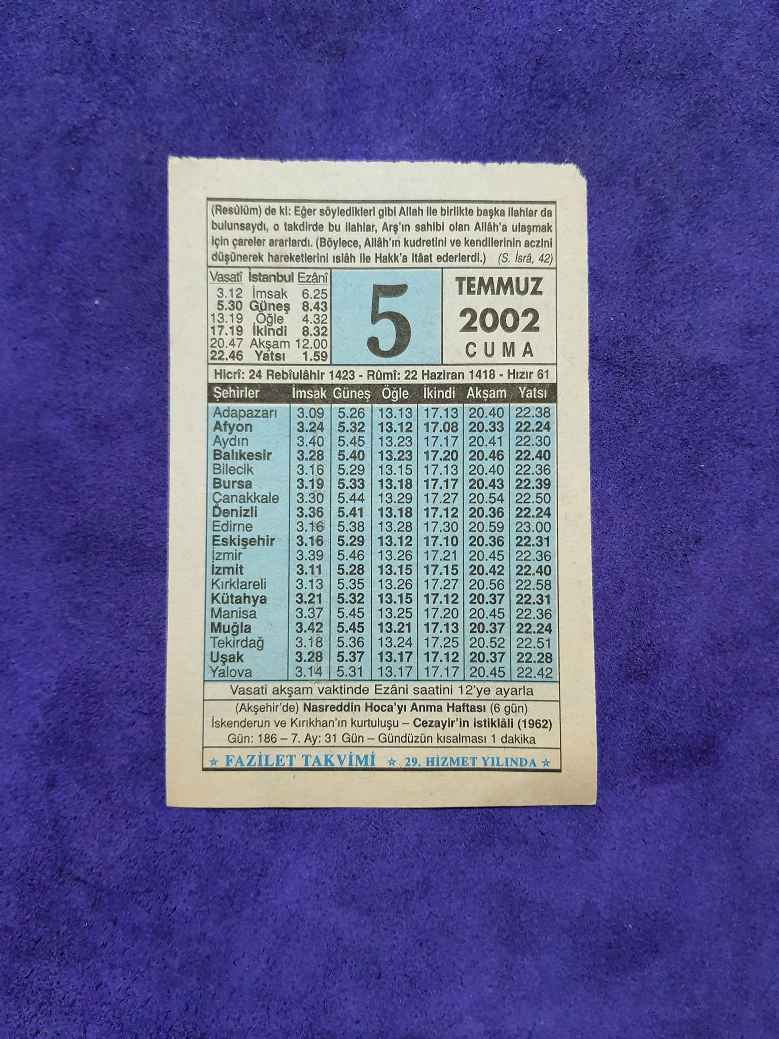 5 Temmuz 2002 Takvim Yaprağı - Nostalji Koleksiyonluk Takvim Yaprağı 5 Temmuz 2002 Takvim Yaprağı - Nostalji Koleksiyonluk Takvim Yaprağı