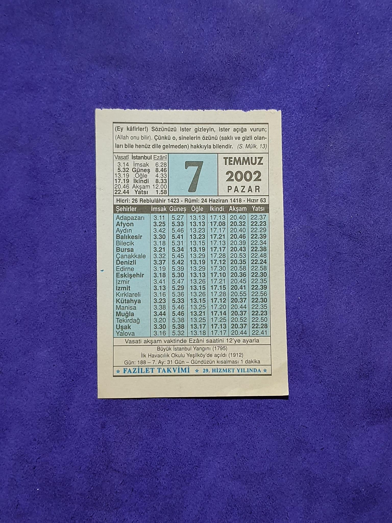 7 Temmuz 2002 Takvim Yaprağı - Nostalji Koleksiyonluk Takvim Yaprağı 7 Temmuz 2002 Takvim Yaprağı - Nostalji Koleksiyonluk Takvim Yaprağı