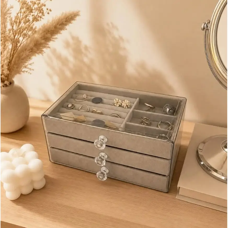 Üç Katlı Çekmeceli Takı Kozmetik Organizer Gri