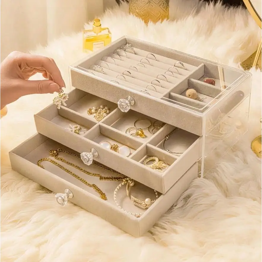 Üç Katlı Çekmeceli Takı Kozmetik Organizer Krem